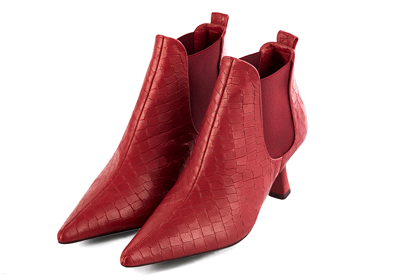 Scarlet red women's ankle boots, with elastics. Pointed toe. Medium spool heels. Front view - Florence KOOIJMAN